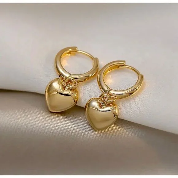 Gold Puffed Heart Earrings - Picture 4 of 6